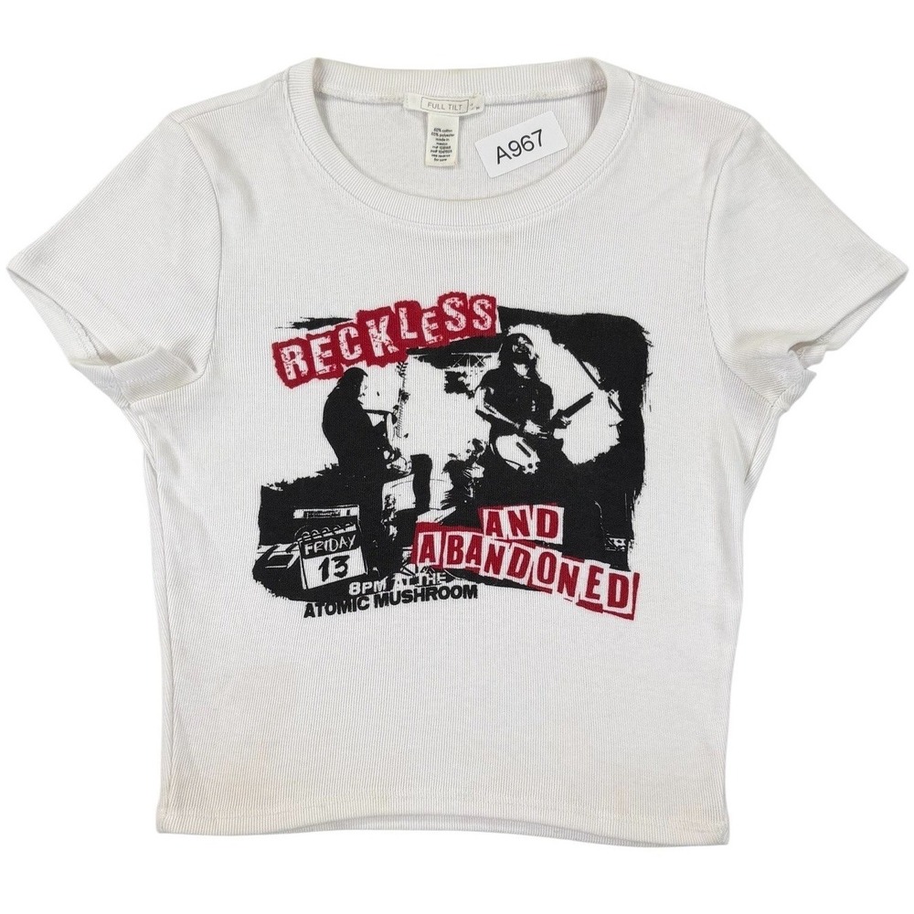 Full Tilt Reckless And Abandoned Baby Tee Womens M White Ribbed Cropped Y2K Punk